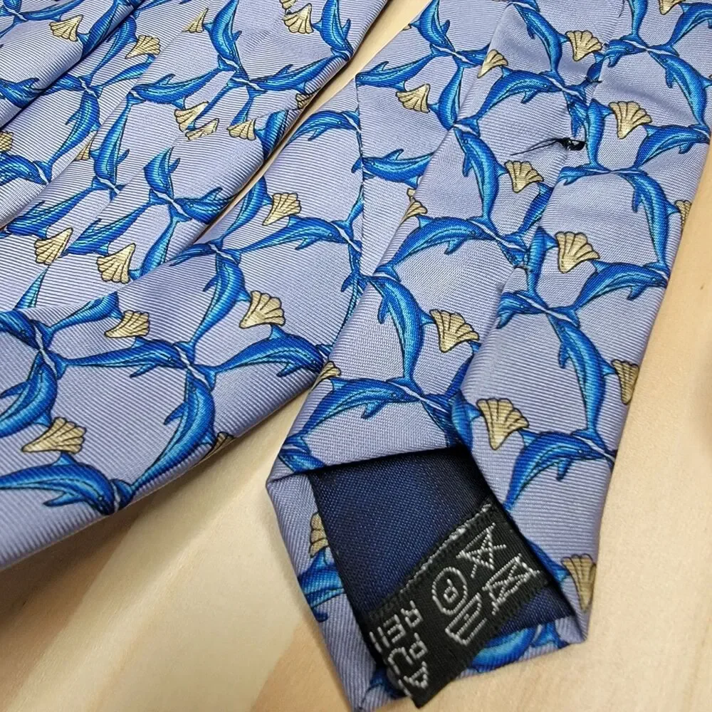 Lanvin Paris Dolphin Print Silk Tie Blue Sea Life Ocean Marine Novelty Necktie